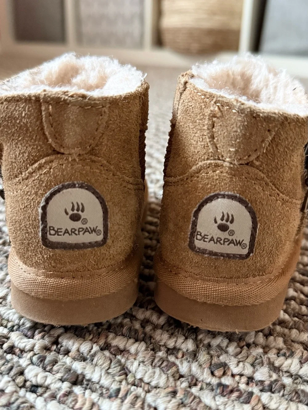 BearPaw Kids Tan Suede Shearling-Lined Slippers with Side Zipper
